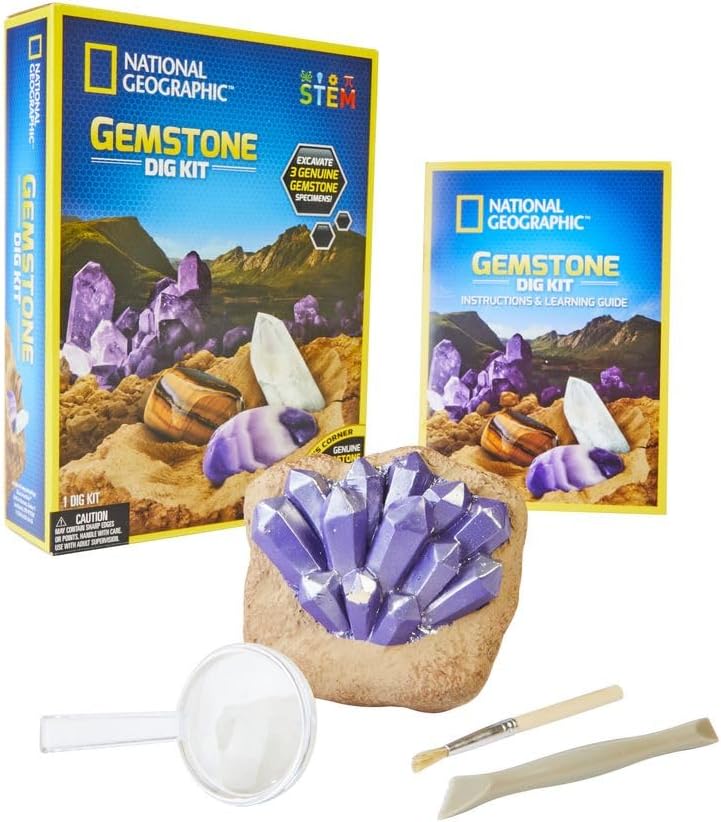 National Geographic gemstone dig kit by Playzokids with colorful gemstones, digging tools, and educational materials for kids. Main image