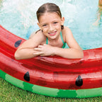 Playzokids Intex Watermelon Pool, 1.68m diameter, 38cm deep, suitable for ages 2 and up, featuring colorful watermelon design.