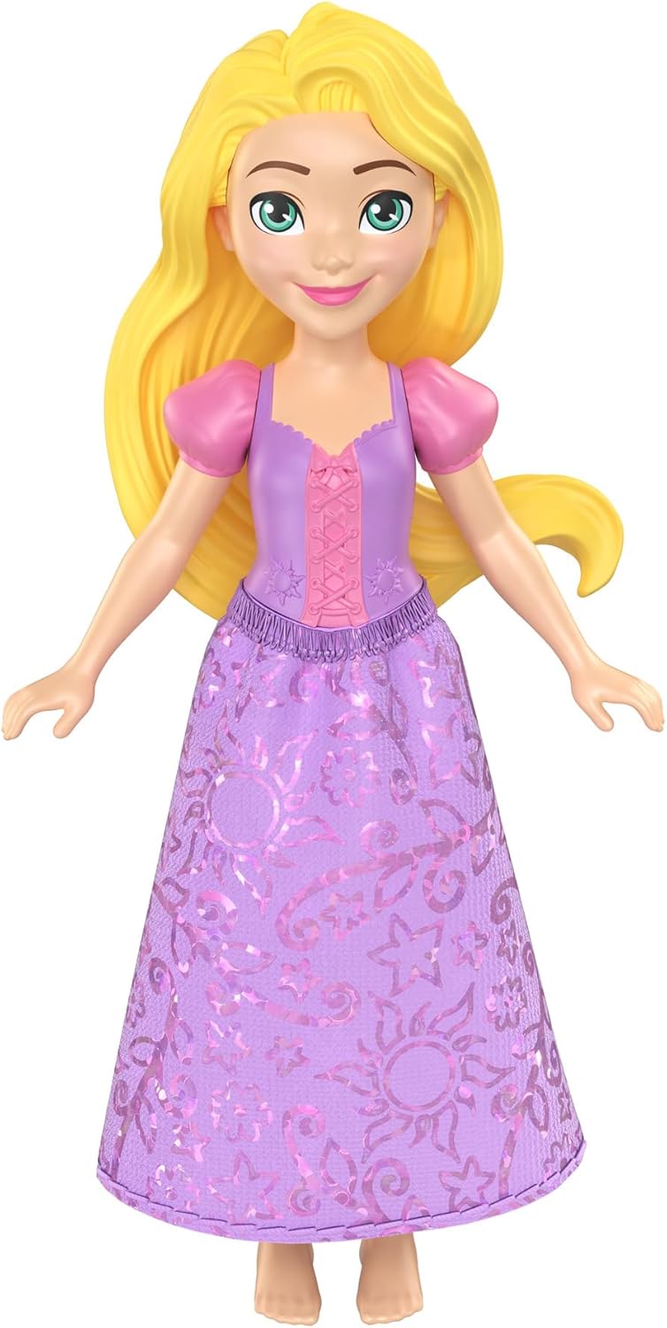 Mattel Disney Princess Rapunzel 4-inch mini doll with detailed hair and dress, perfect for play and collection.