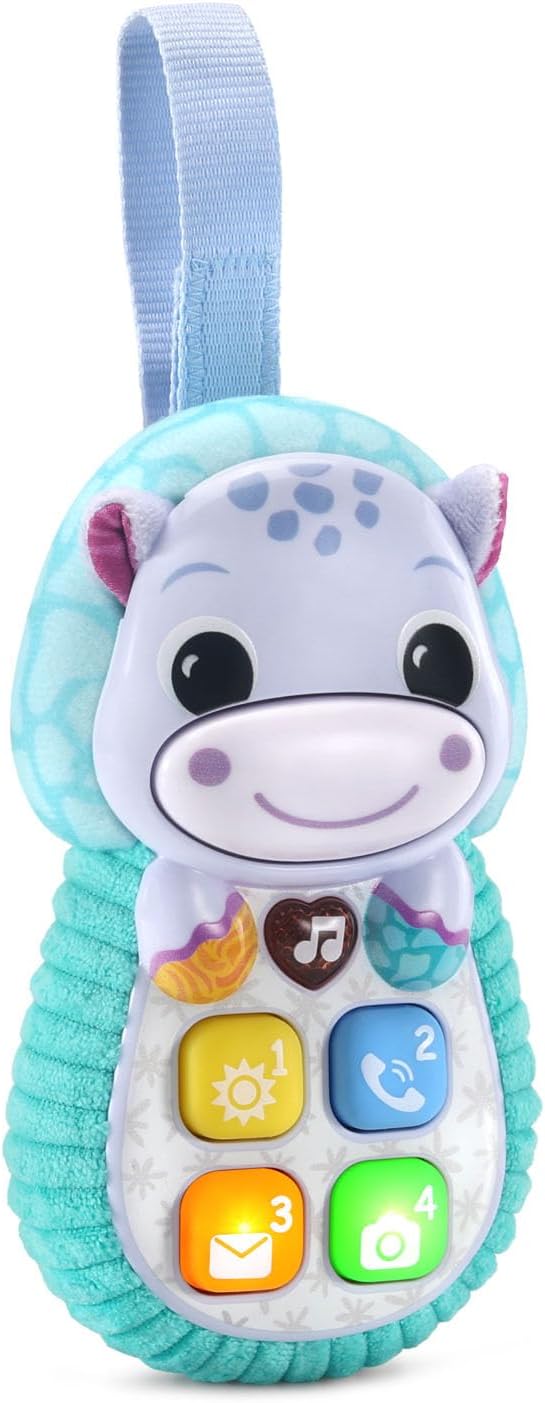 VTech Baby Hello, Hippo! soft phone toy with colorful buttons and a friendly hippo design for infants and toddlers.