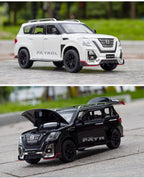 Playzokids Nissan Patrol SUV diecast car model, 1:24 scale alloy toy with sound and light features, perfect for boys' birthday gift.
