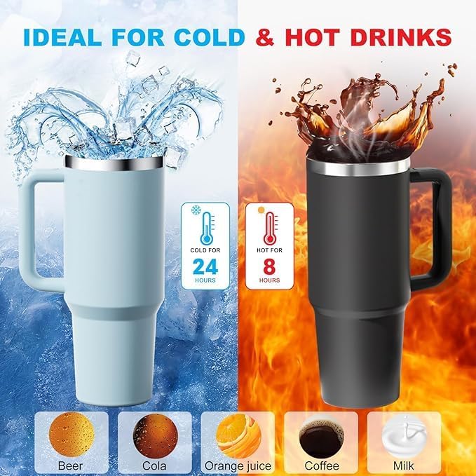 Siply 40oz insulated stainless steel tumbler with handle and lid, double wall vacuum flask for hot and cold drinks, peach color.