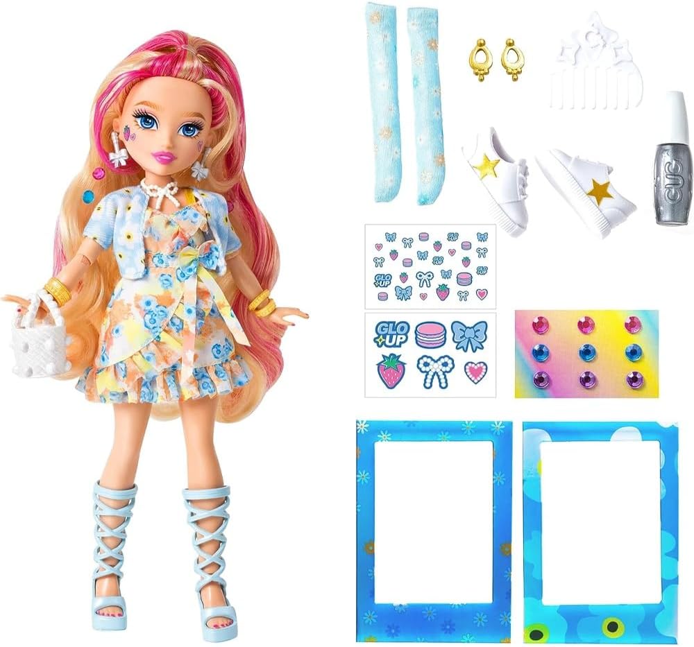 Far Out Toys GLO-UP Girls Tiffany Blonde fashion doll with jewelry, hair gems, accessories, face stickers, makeup, and nail art.