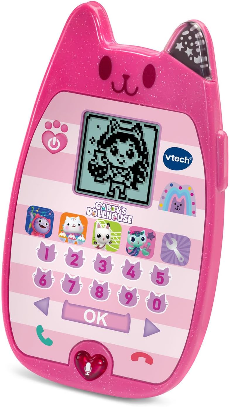 VTech Gabby's Dollhouse A-Meow-Zing Phone toy with colorful buttons and animated screen, designed for kids' imaginative play.