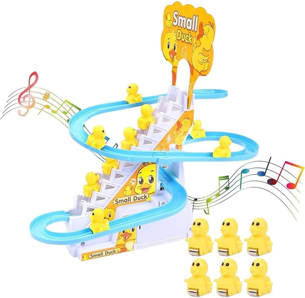 Electric duck toy climbing a colorful race track, designed for kids' fun and entertainment. Brand: Generic. Main image