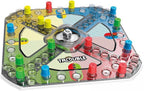 Hasbro Trouble board game with colorful game pieces and a pop-o-matic dice roller on a wooden surface.