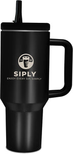Siply 40oz insulated stainless steel tumbler with handle, lid, straw cover, perfect for hot or cold drinks like water, coffee, iced tea.
