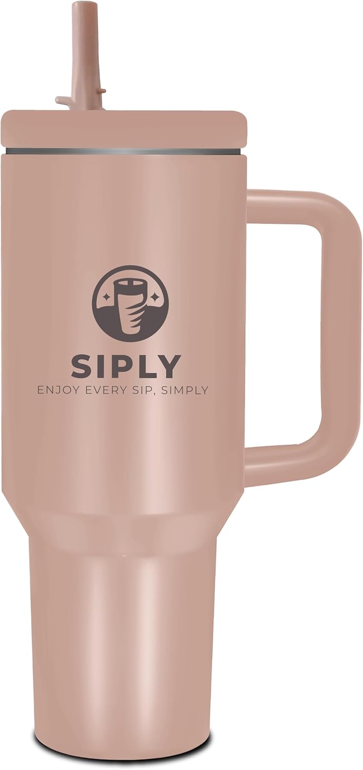 Siply 40oz insulated stainless steel tumbler with handle and lid, double wall vacuum flask for hot or cold drinks, peach color.