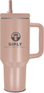 Siply 40oz insulated stainless steel tumbler with handle and lid, double wall vacuum flask for hot or cold drinks, peach color.