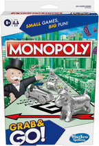 Hasbro Monopoly Grab and Go game for kids, compact board game with colorful pieces and playing tokens for family fun.