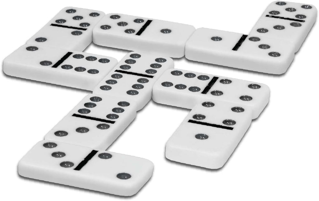 Playzokids Ambassador MA Classic Games Dominoes set with black and white domino tiles on a wooden surface.