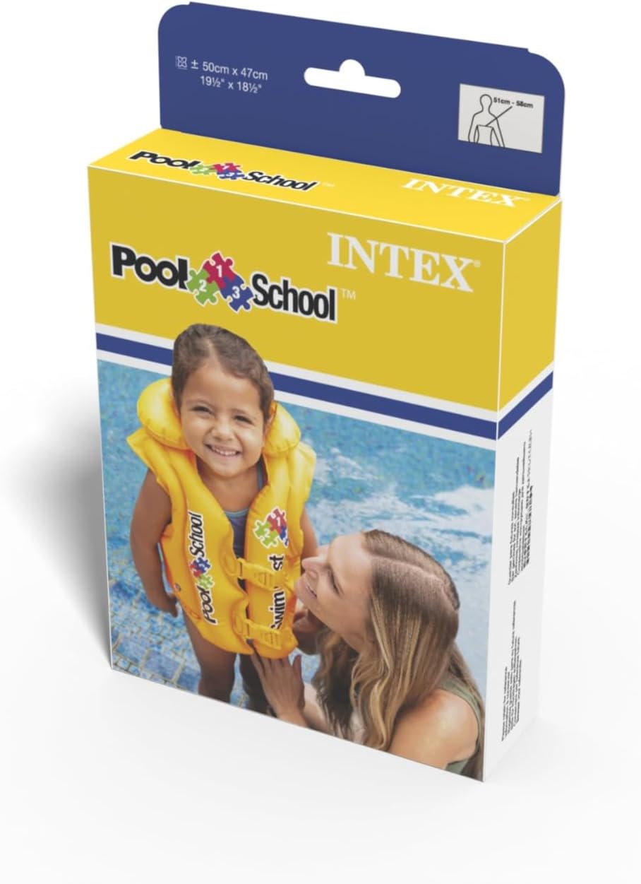 Yellow Intex Deluxe Pool Swim Vest for kids by Playzokids, featuring adjustable straps and foam buoyancy for safe swimming. Main image
