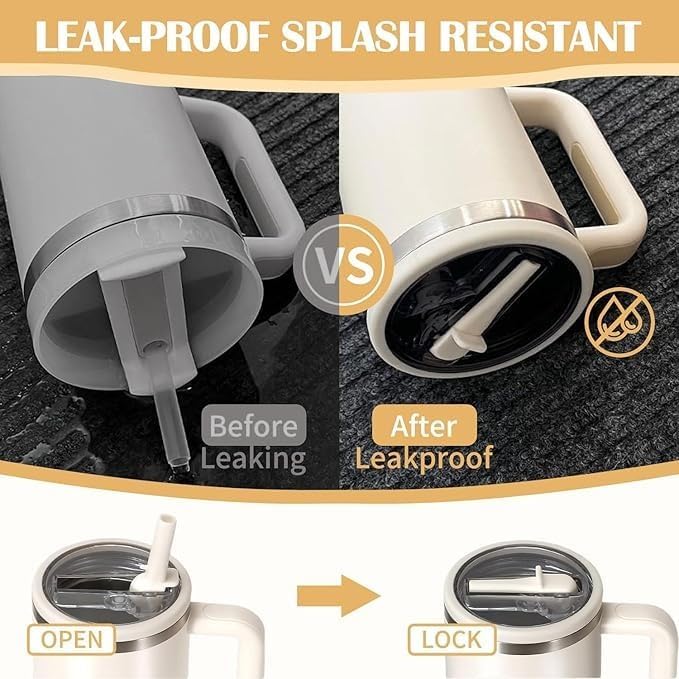 Siply 40oz stainless steel insulated tumbler with handle, lid, and straw cover, ideal for hot or cold drinks like water, coffee, and iced tea.