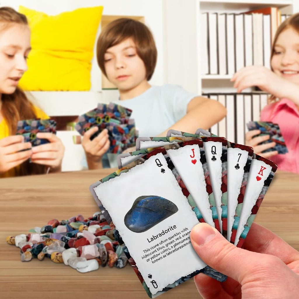 National Geographic rock and mineral card game by Playzokids, colorful cards showcasing various rocks and minerals for educational fun.