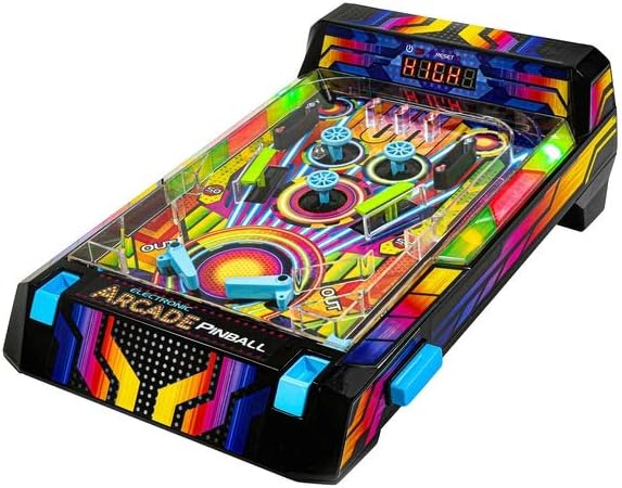 Playzokids Ambassador electronic arcade pinball game with colorful playfield and digital scoring display, suitable for kids and arcade enthusiasts.