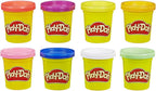 Eight-pack Play-Doh modeling compound starter kit with vibrant rainbow colors by Hasbro, showing colorful cans of modeling clay.