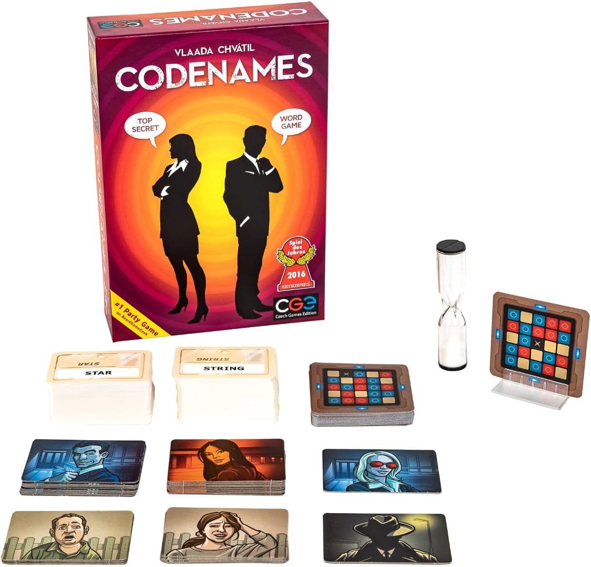 Czech Games Edition Codenames word guessing game by Playzokids, featuring colorful game cards and a game box for family fun.