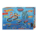 Carrera HOT WHEELS slot car set with 4.9-meter track, featuring colorful racing cars and detailed track layout.