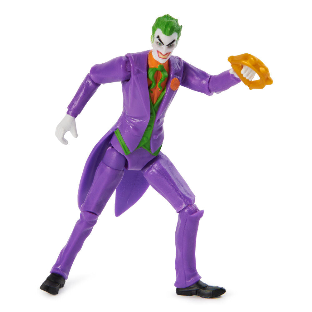 Spin Master Jocker 4-inch action figure with detailed costume and accessories, poseable toy for collectors and fans.