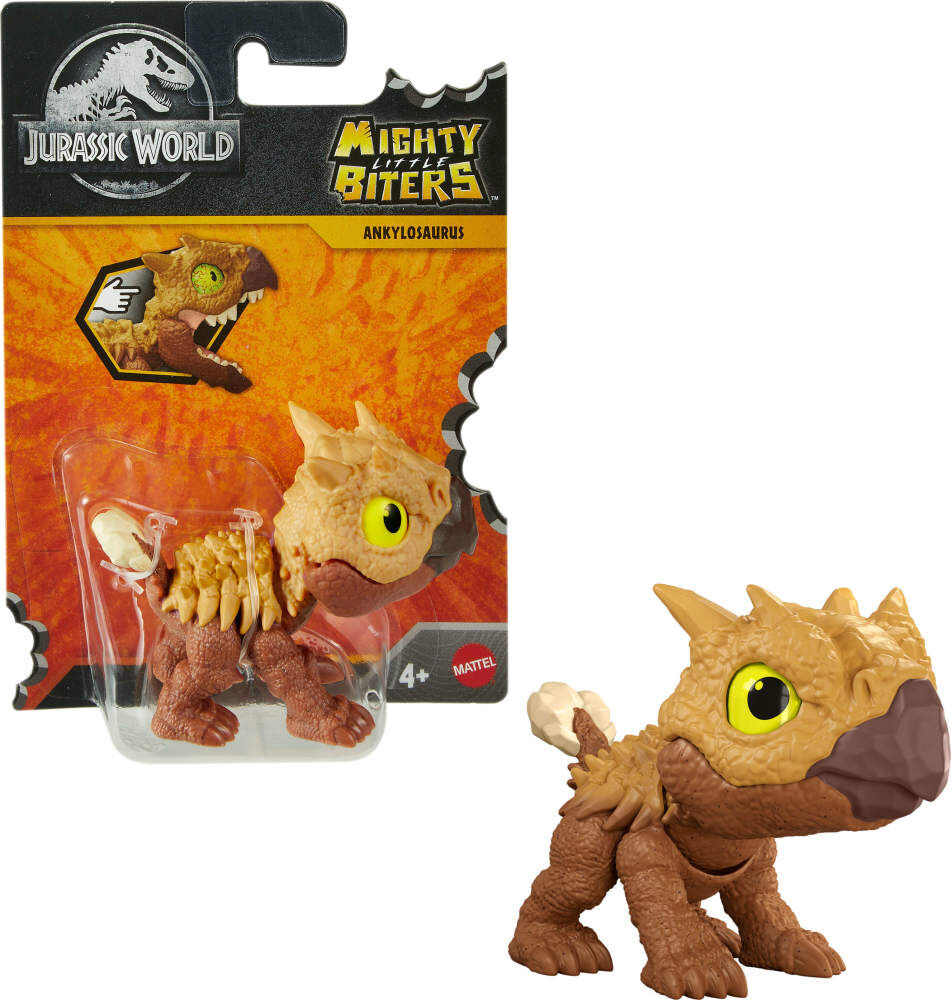 Jurassic World Mighty Biters Ankylosaurus toy dinosaur with detailed armored body and tail, realistic design for kids.