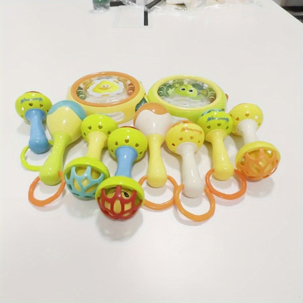Baby-grade Dutora vibrating hand bell toy with colorful handle and small bell for sensory play and entertainment.