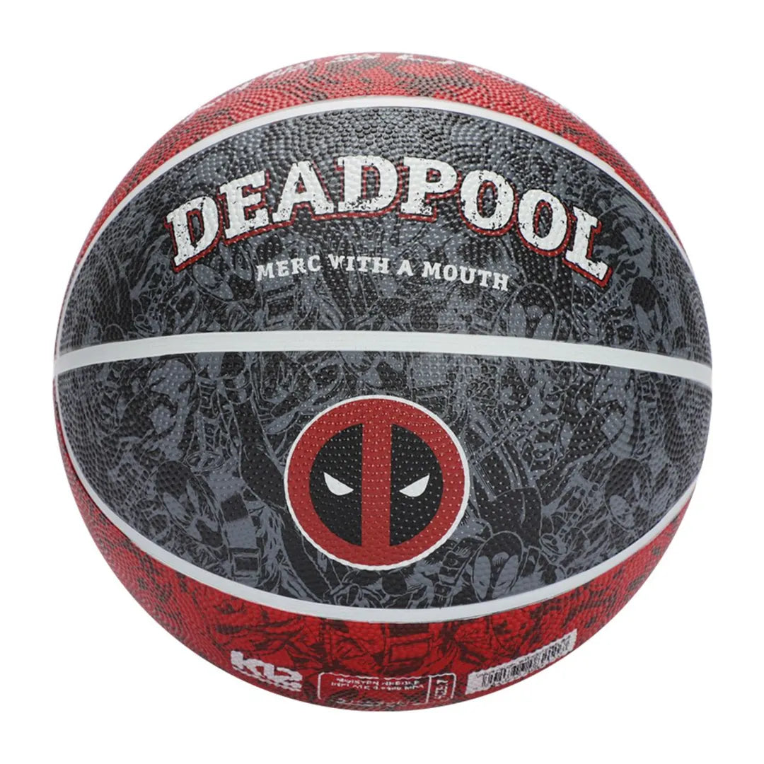 Size 7 Deadpool basketball with red and black design, featuring Deadpool logo and character artwork on the orange rubber surface. Main image