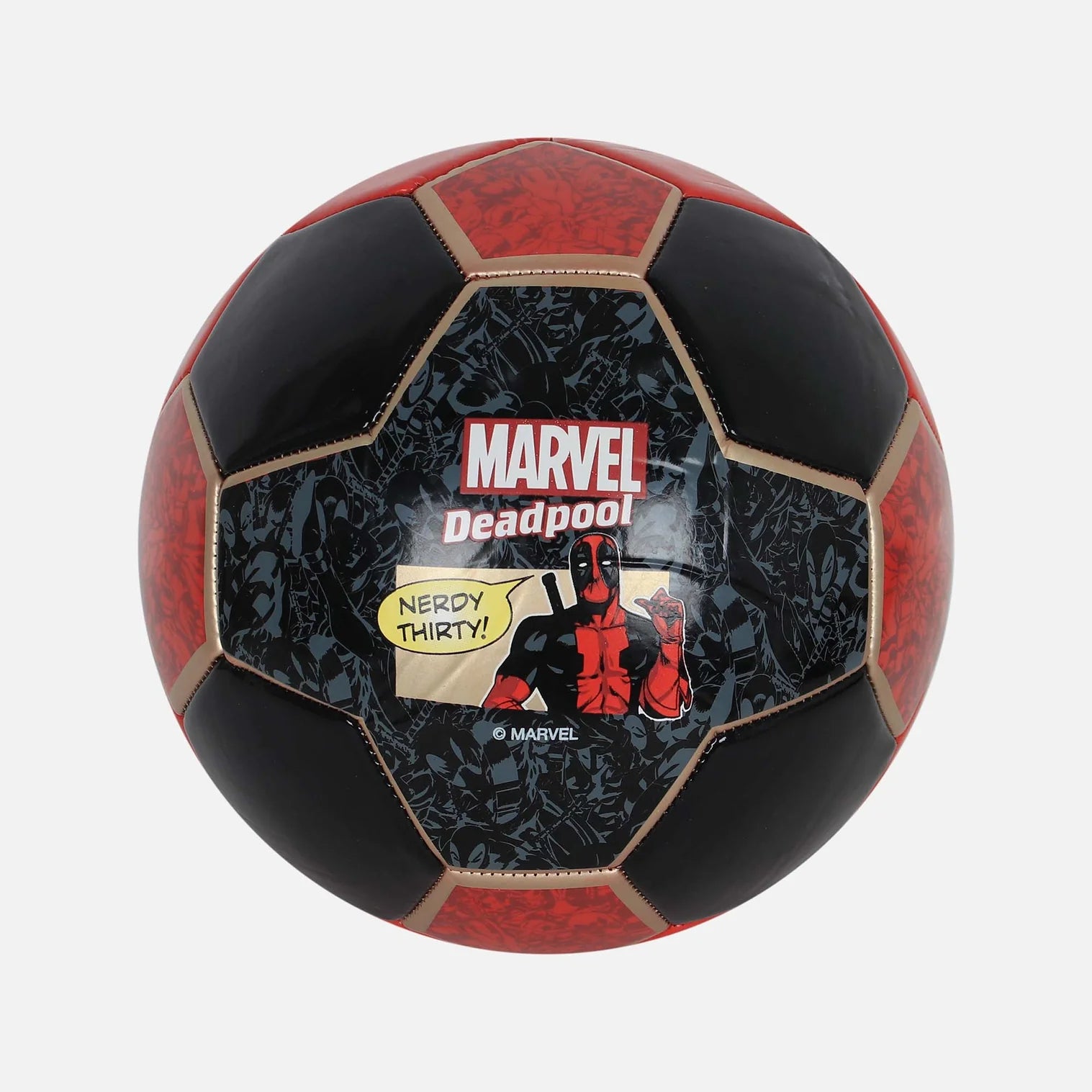Deadpool metallic size 5 football with red and black design, featuring Deadpool character artwork on a shiny surface.