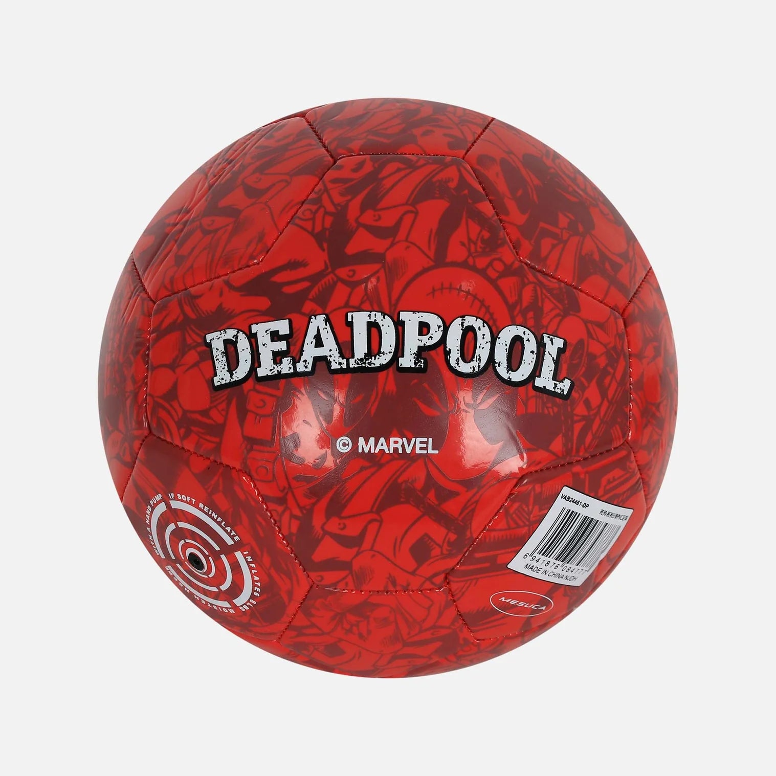 Deadpool football with red and black design featuring Deadpool logo, showing close-up of textured surface and branding.