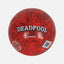 Deadpool football with red and black design featuring Deadpool logo, showing close-up of textured surface and branding.