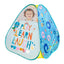 Fisher Price play tent set up on a child's bedroom floor, featuring bright colors and playful design for indoor fun.