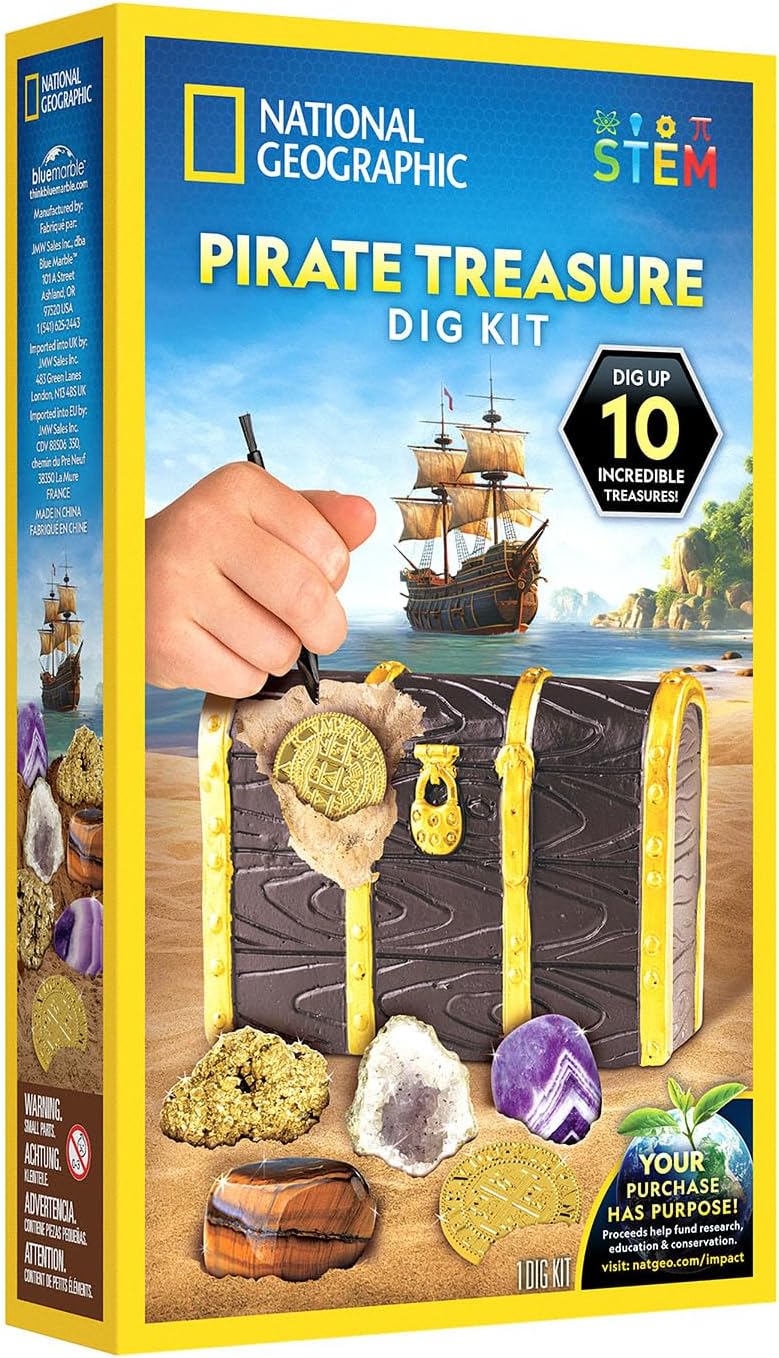 National Geographic Pirate Treasure Dig Kit by Playzokids with shovel and buried treasure artifacts for kids' outdoor adventure play Main image