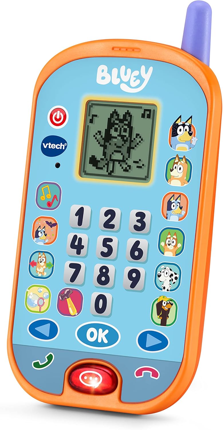 VTech Bluey Ring Ring Learning Phone with colorful buttons and Bluey character design for kids' educational play.