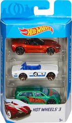 Three Hot Wheels toy cars from Mattel's 3 Car Pack Instant Starter Set, featuring colorful die-cast vehicles on a white background.