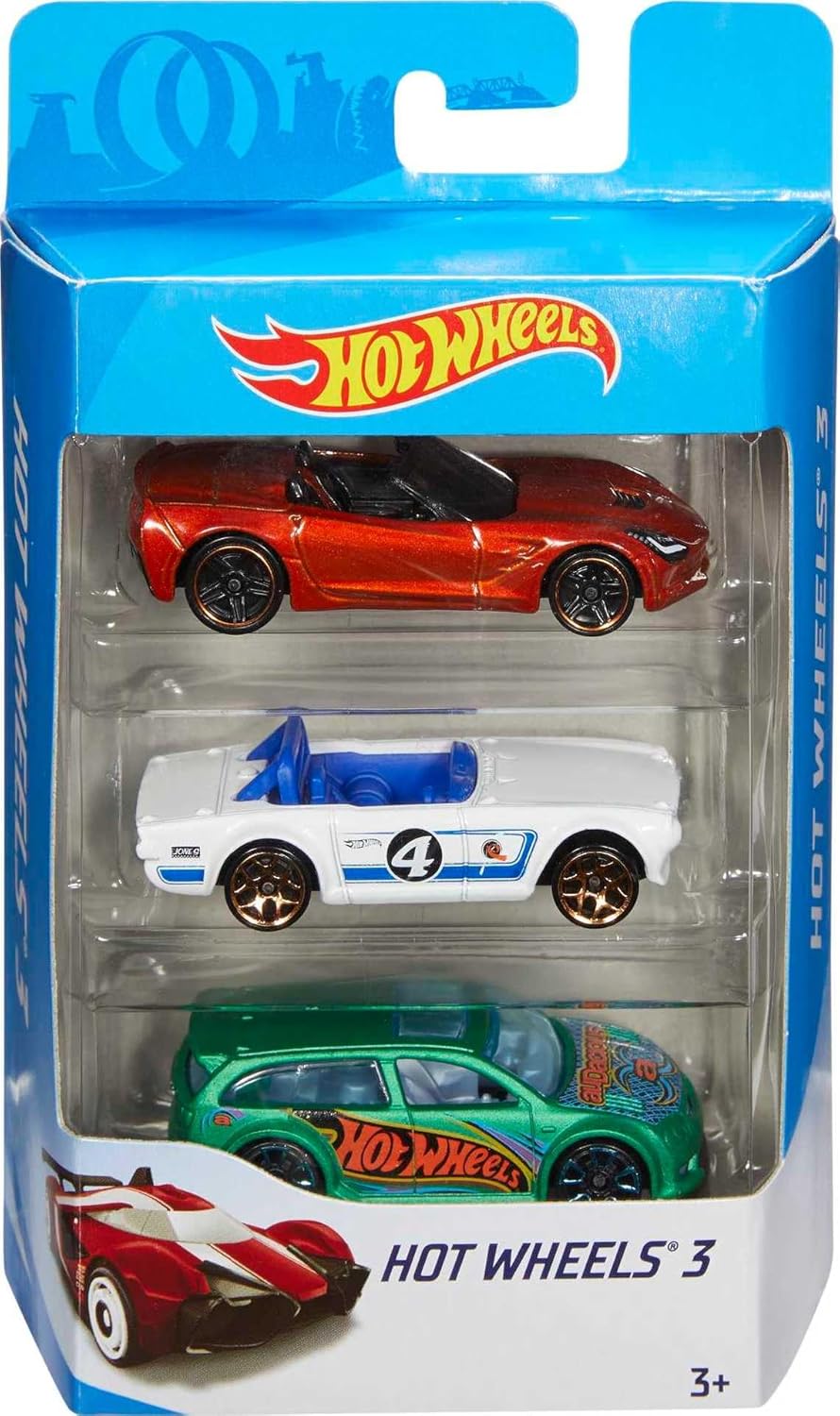 Three Hot Wheels toy cars from Mattel's 3 Car Pack Instant Starter Set, featuring colorful die-cast vehicles on a white background.