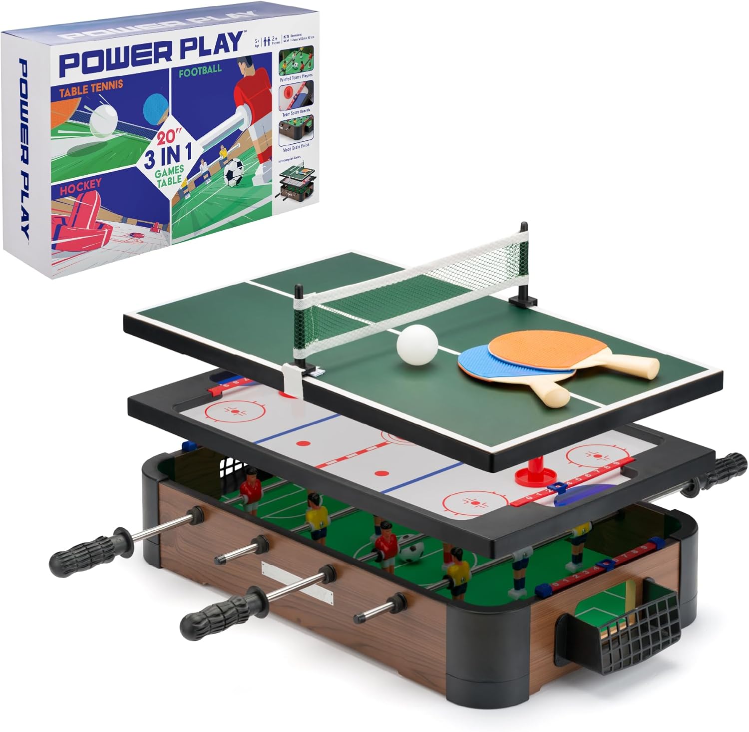 Power Play 20-inch 3-in-1 mini game toy featuring football, hockey, and table tennis for kids' active play.