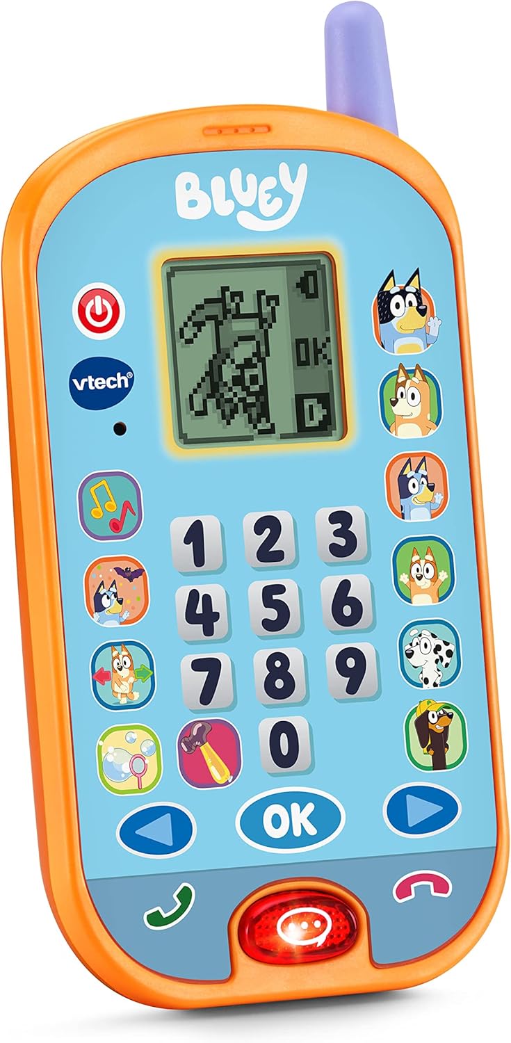 VTech Bluey Ring Ring Learning Phone with colorful buttons and Bluey character design, ideal for young children.