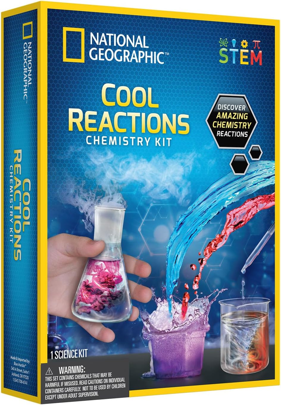 Playzokids National Geographic Cool Reactions Chemistry Kit with colorful lab tools and chemicals for educational experiments. Main image