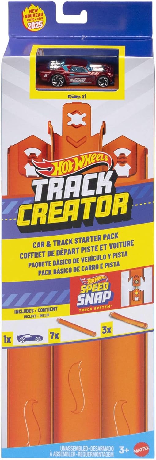 Hot Wheels toy car track set with colorful plastic tracks and cars, designed for creating custom race courses for 1:64 scale cars. Main image