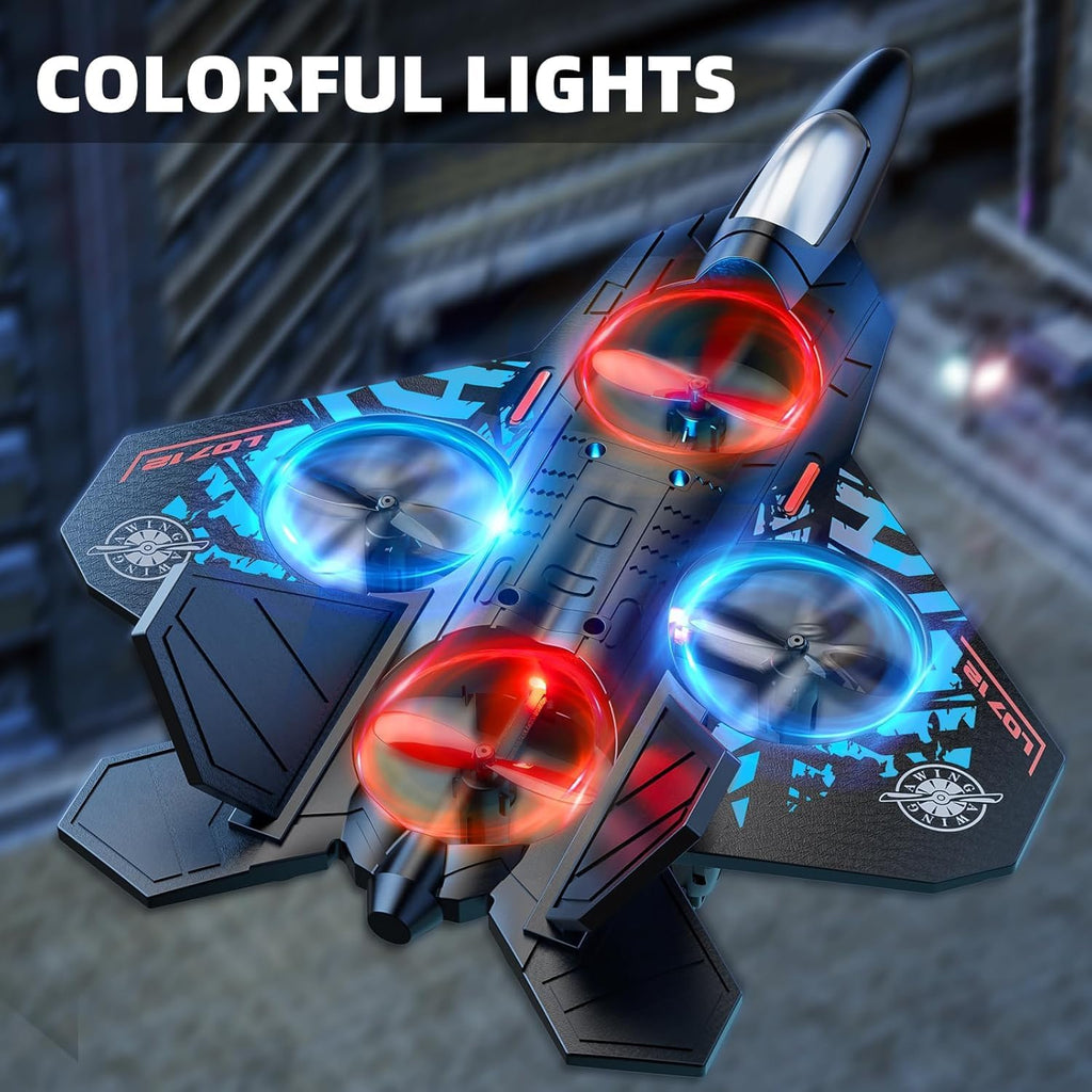 Remote controlled fighter toy plane quadcopter with 2.4GHz controller, sleek design, suitable for kids and hobbyists.