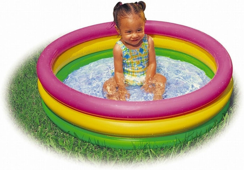 Playzokids Intex Sunset Glow Baby Pool with 3-ring inflatable design and built-in floor, suitable for children aged 1-3.