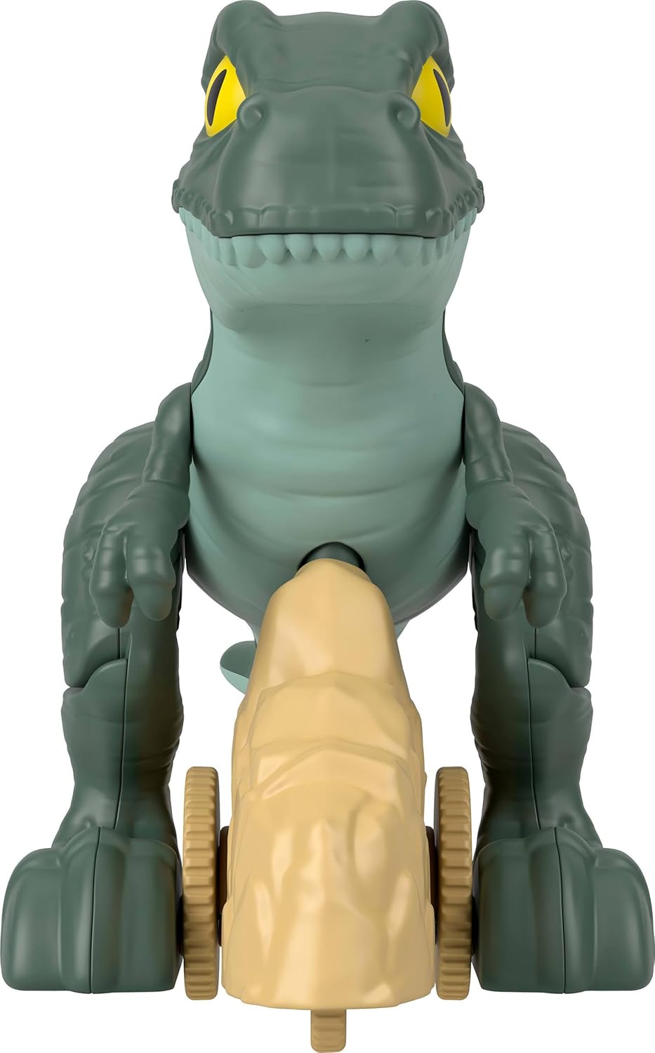 Jurassic World Tyrannosaurus Rex toy figure with detailed green and brown scales and fierce stance, realistic dinosaur model.