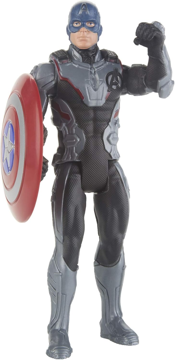 Marvel Avengers Endgame Captain America action figure in team suit, Hasbro 6-inch collectible toy with detailed costume and shield.