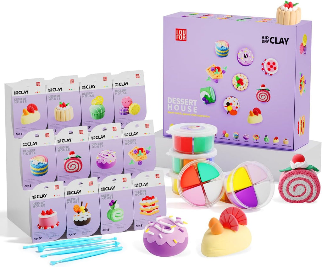 Playzokids air dry clay kit with 12 dessert house modeling clay pieces, soft, lightweight, safe, non-toxic for kids' crafting.