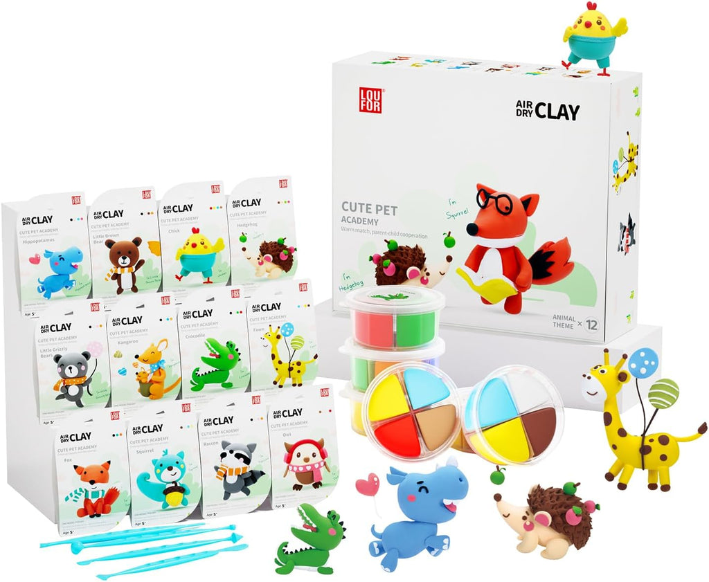 Playzokids Air Dry Clay Kit with 12 colorful pet-themed modeling clay pieces for kids' creative crafting and art projects.