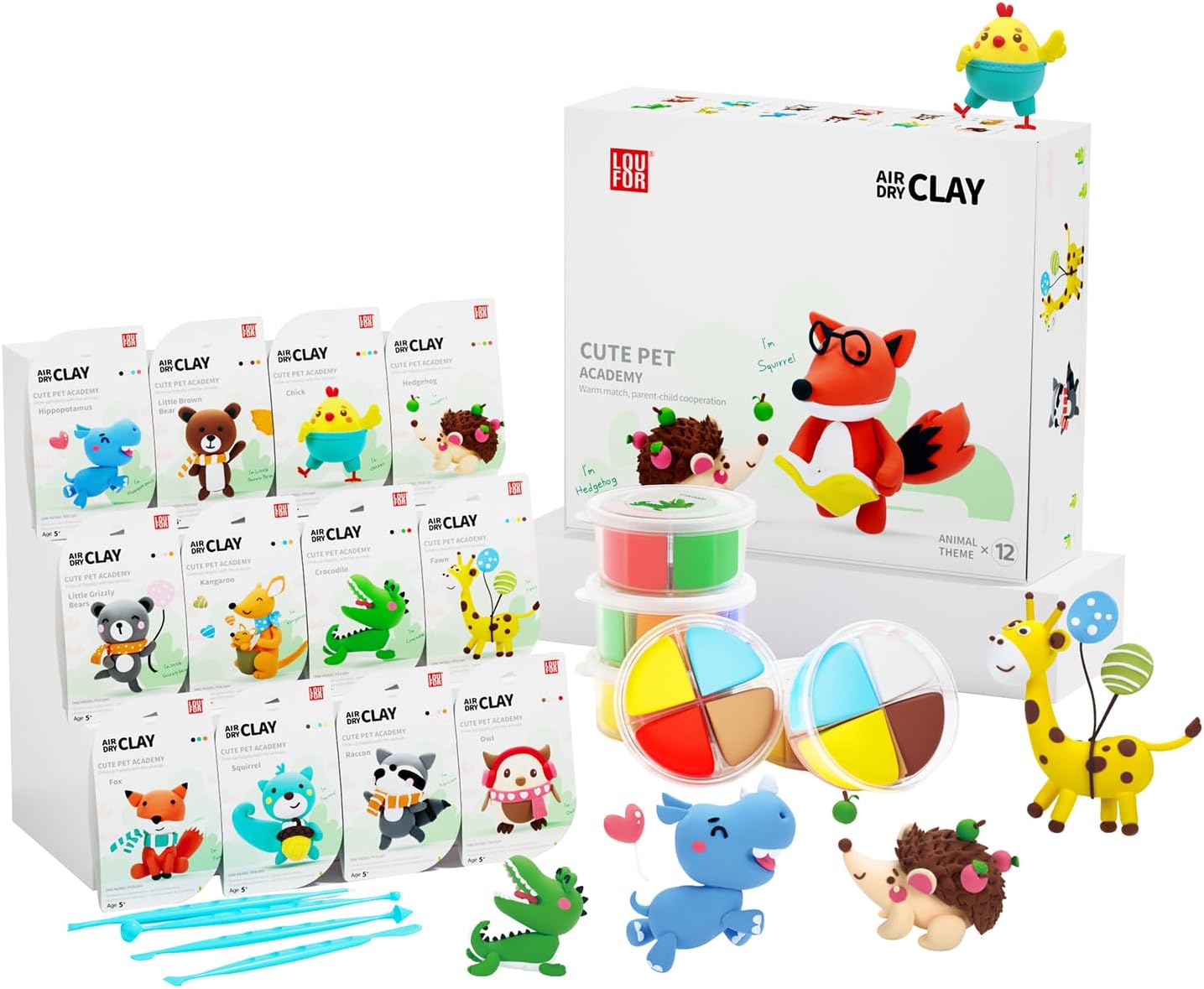 Playzokids Air Dry Clay Kit with 12 colorful pet-themed modeling clay pieces for kids' creative crafting and art projects.