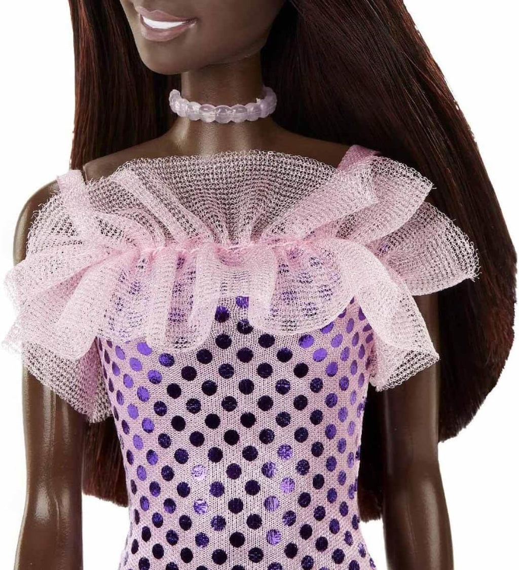 Barbie Doll Dark Brown Hair, Pink Metallic Dress