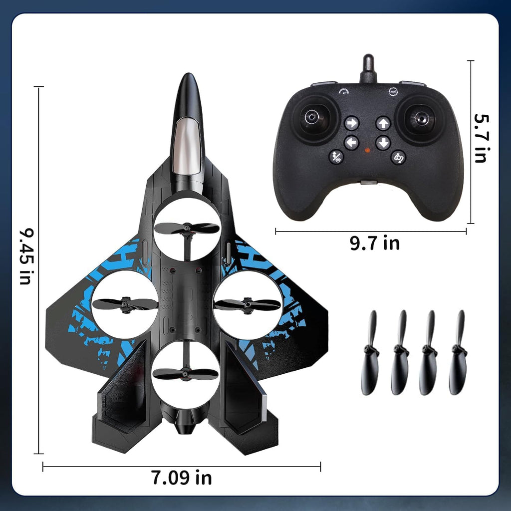 Remote controlled fighter toy plane with 2.4GHz quadcopter design, featuring sleek aerodynamic wings and colorful details.