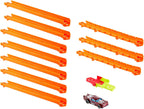 Hot Wheels toy car track set with colorful track pieces and a 1:64 scale car, perfect for creating custom race layouts.