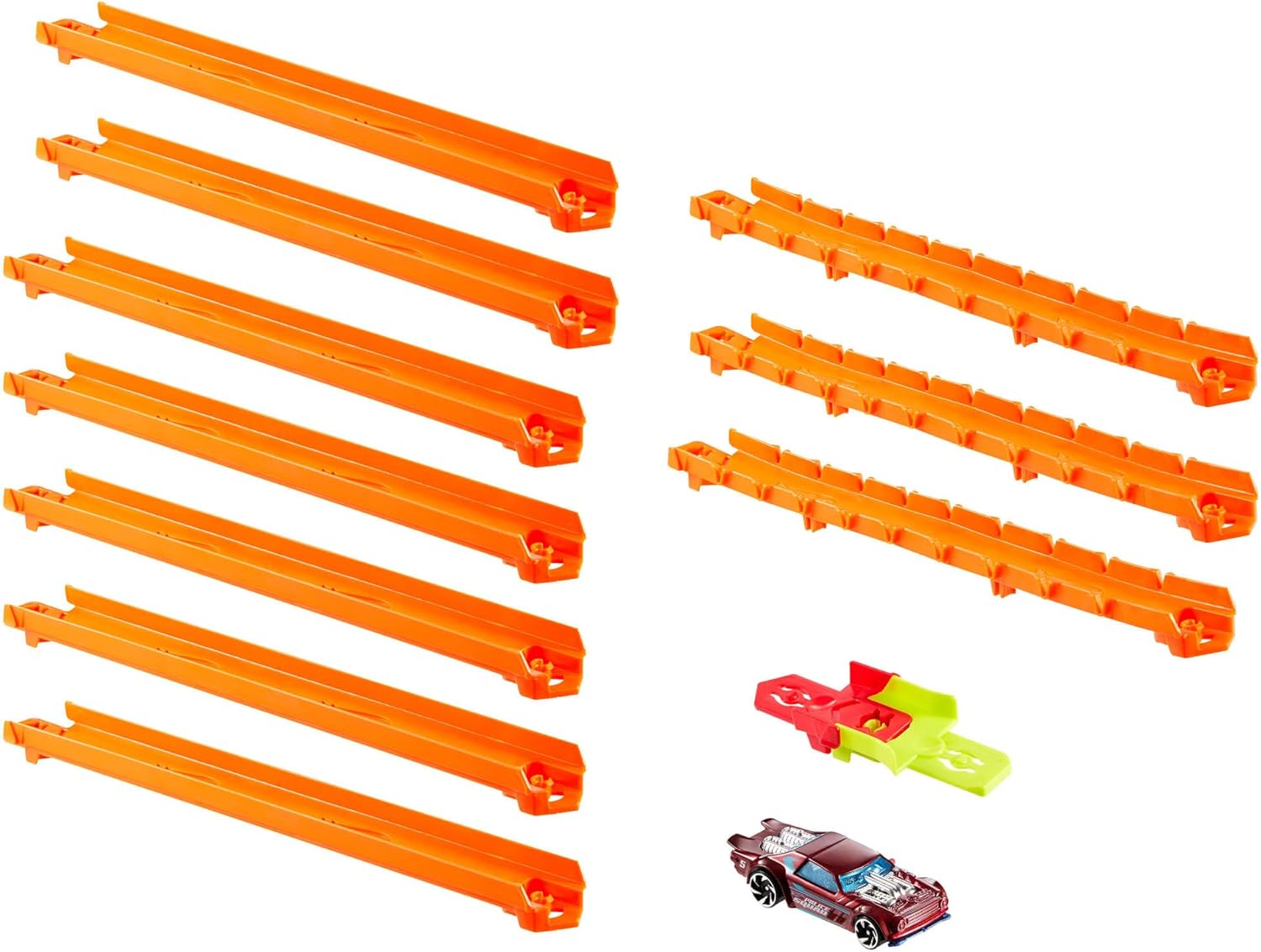 Hot Wheels toy car track set with colorful track pieces and a 1:64 scale car, perfect for creating custom race layouts.