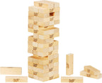 Hasbro Classic Jenga game with wooden blocks stacked in a tower, ready for gameplay, made in the USA.